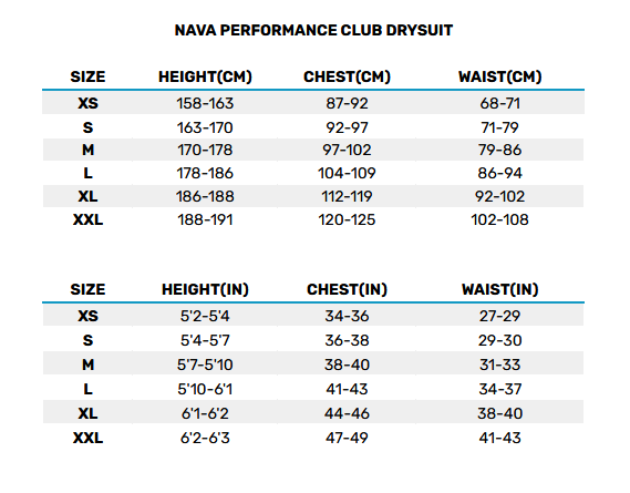 2025 NAVA MENS DRYSUIT 0 Size Chart